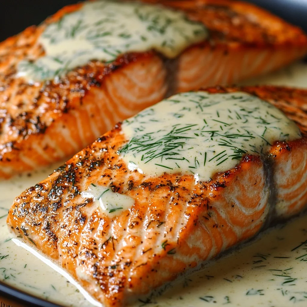 Plate of creamy dill salmon garnished with fresh herbs
