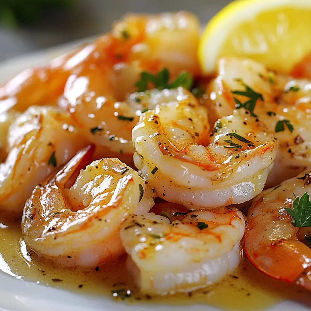 Creamy garlic butter shrimp served on a plate with herbs and spices