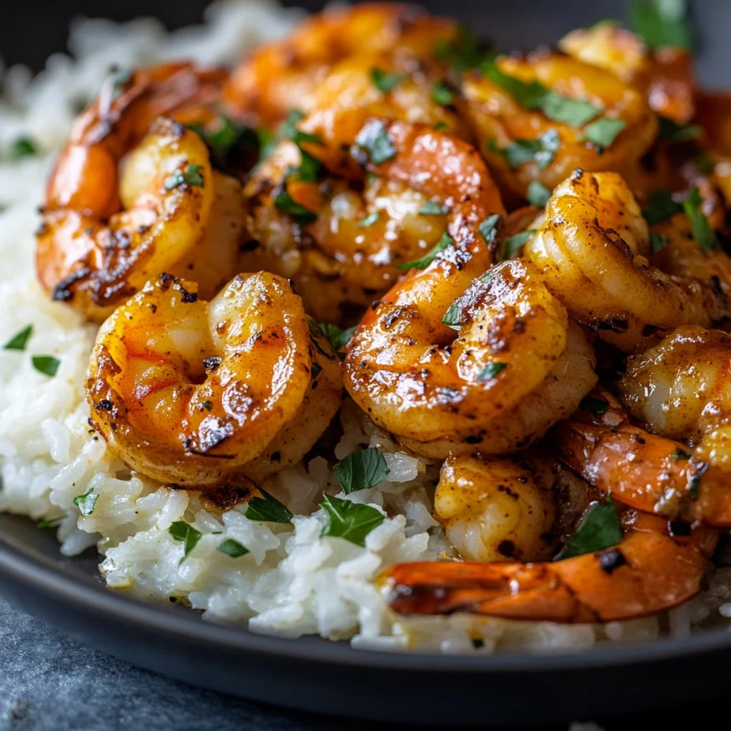 Creamy garlic butter shrimp served in a bowl with herbs and lemon.