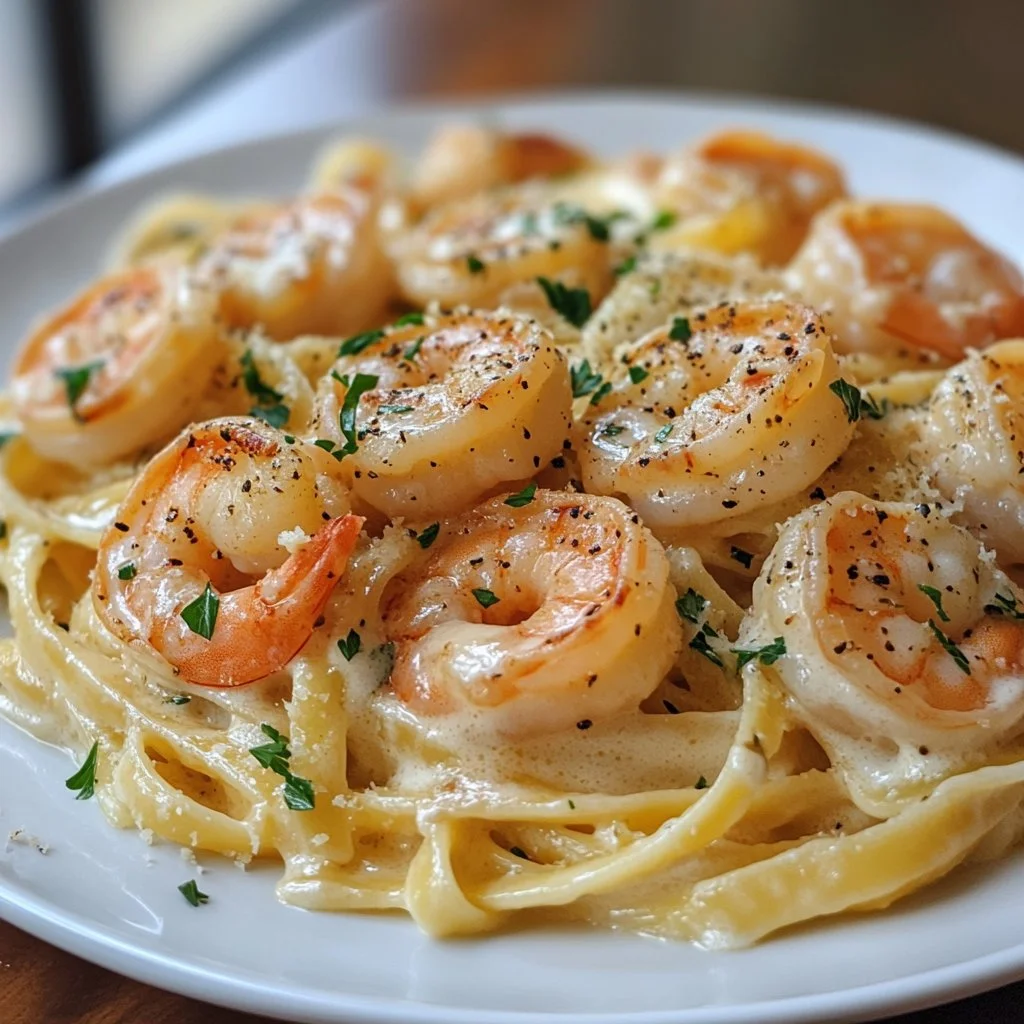 Delicious creamy garlic butter shrimp alfredo served in a bowl