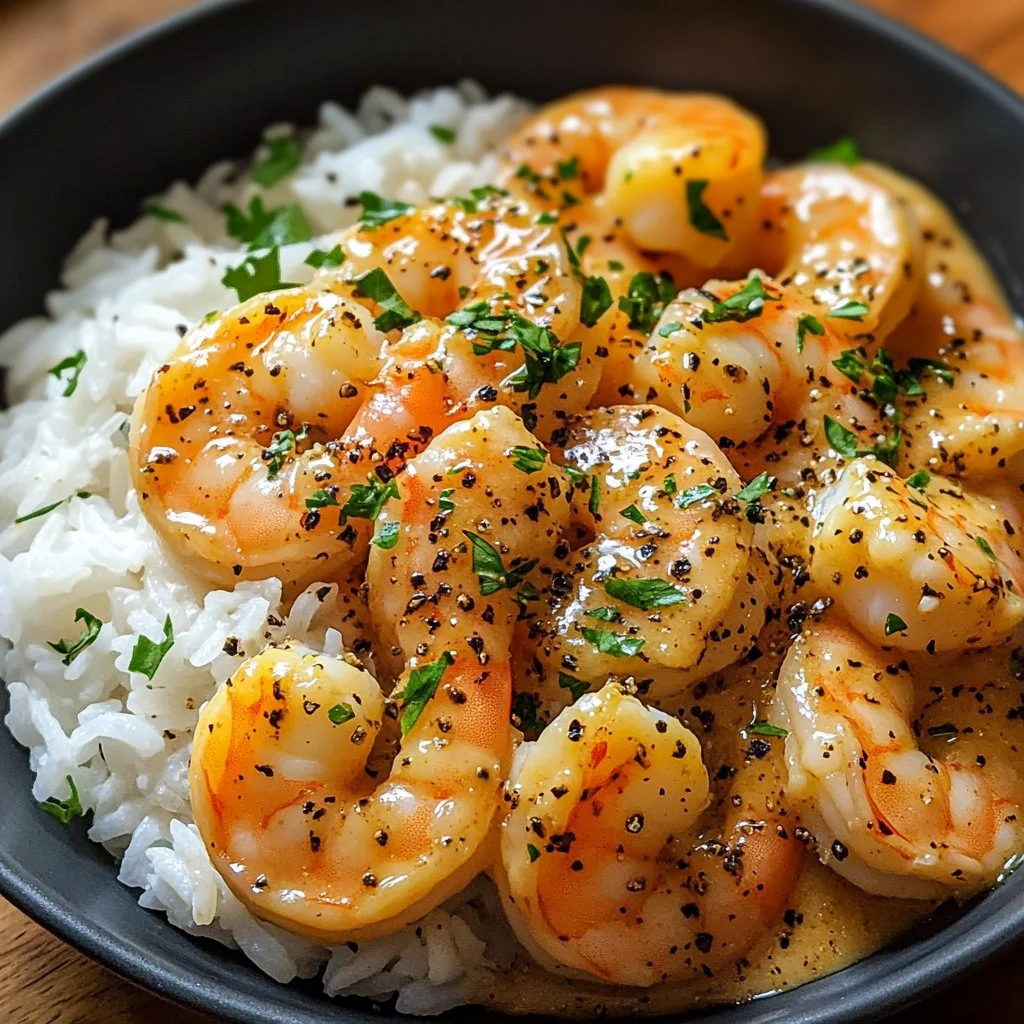 Creamy garlic butter shrimp served over rice, garnished with herbs.