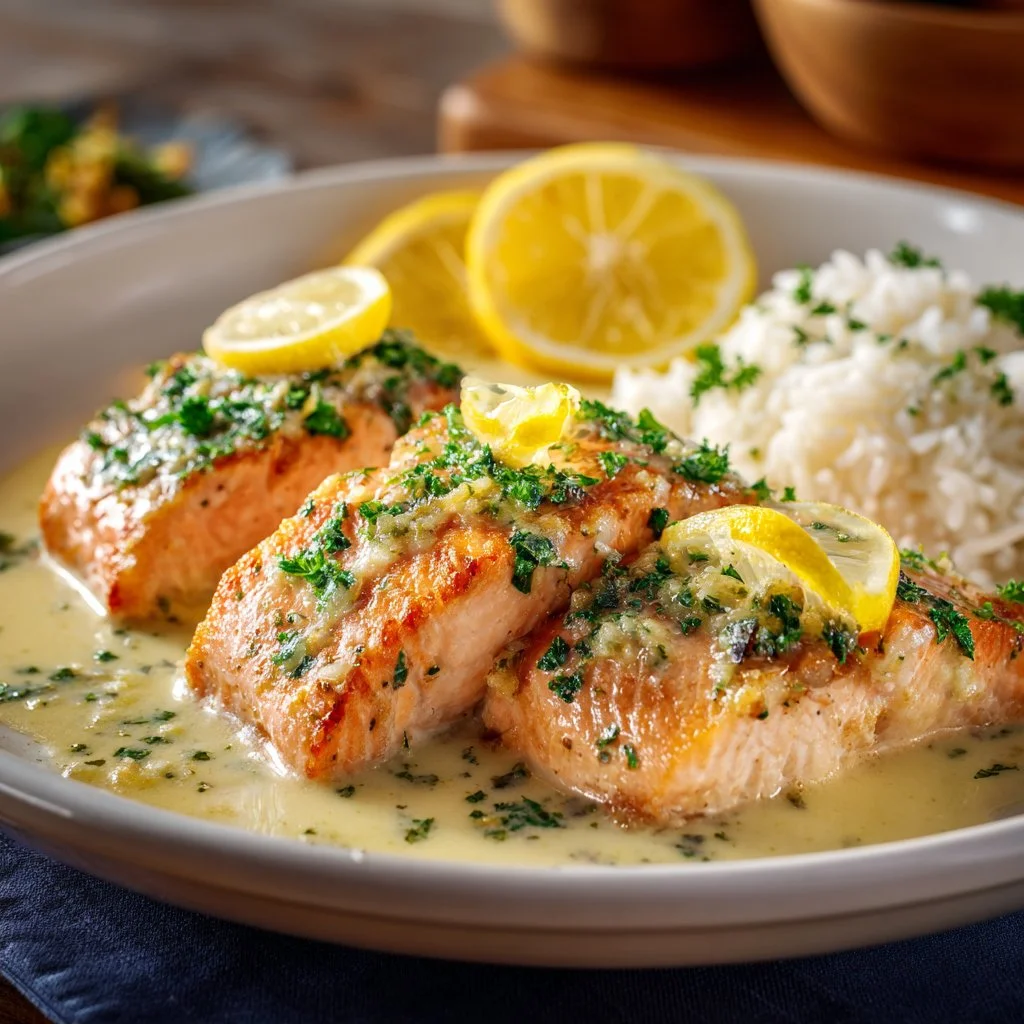 Creamy garlic salmon recipe with herbs and spices