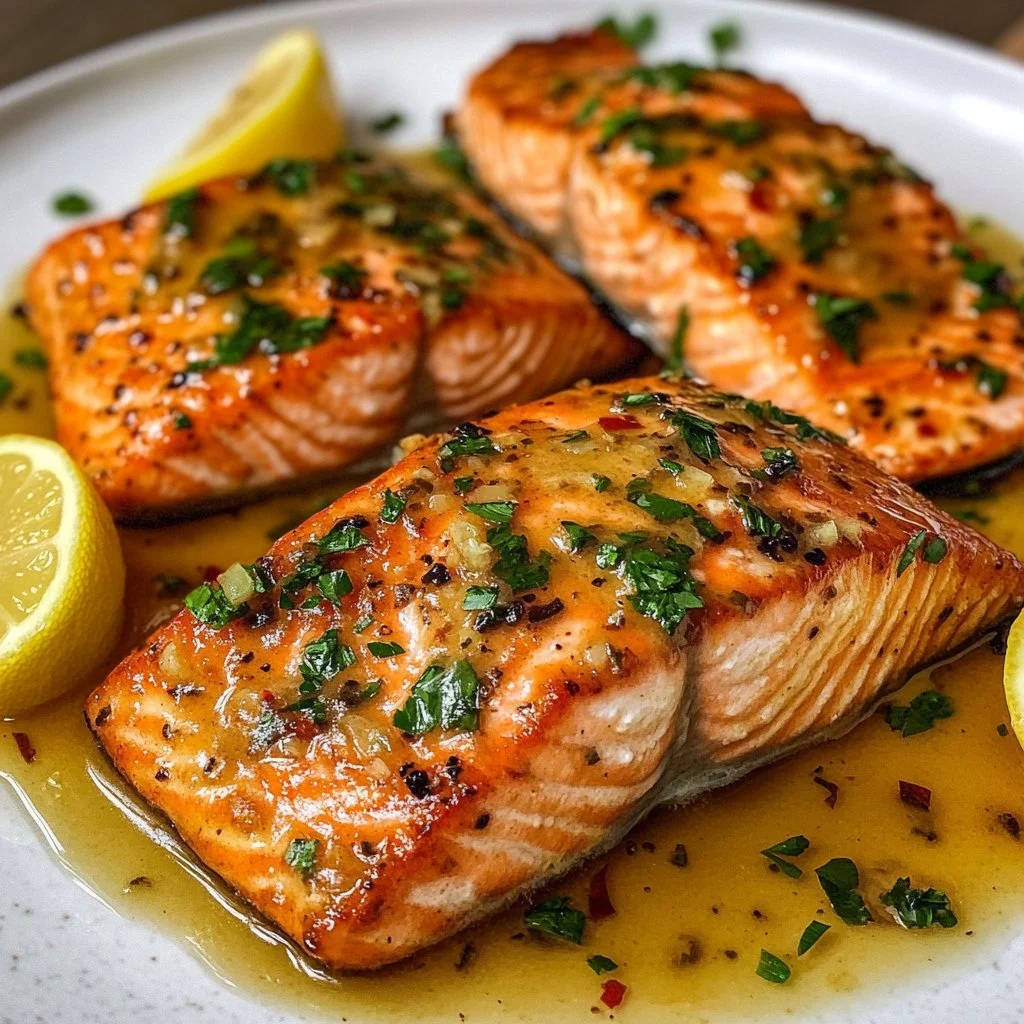 Creamy garlic salmon served on a plate with herbs and lemon.
