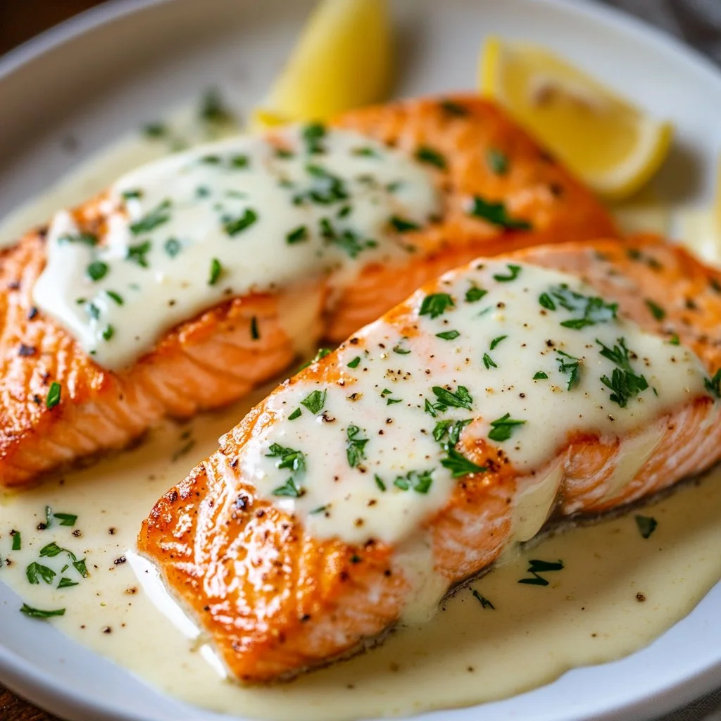 Dish of creamy garlic salmon served with herbs and lemon.