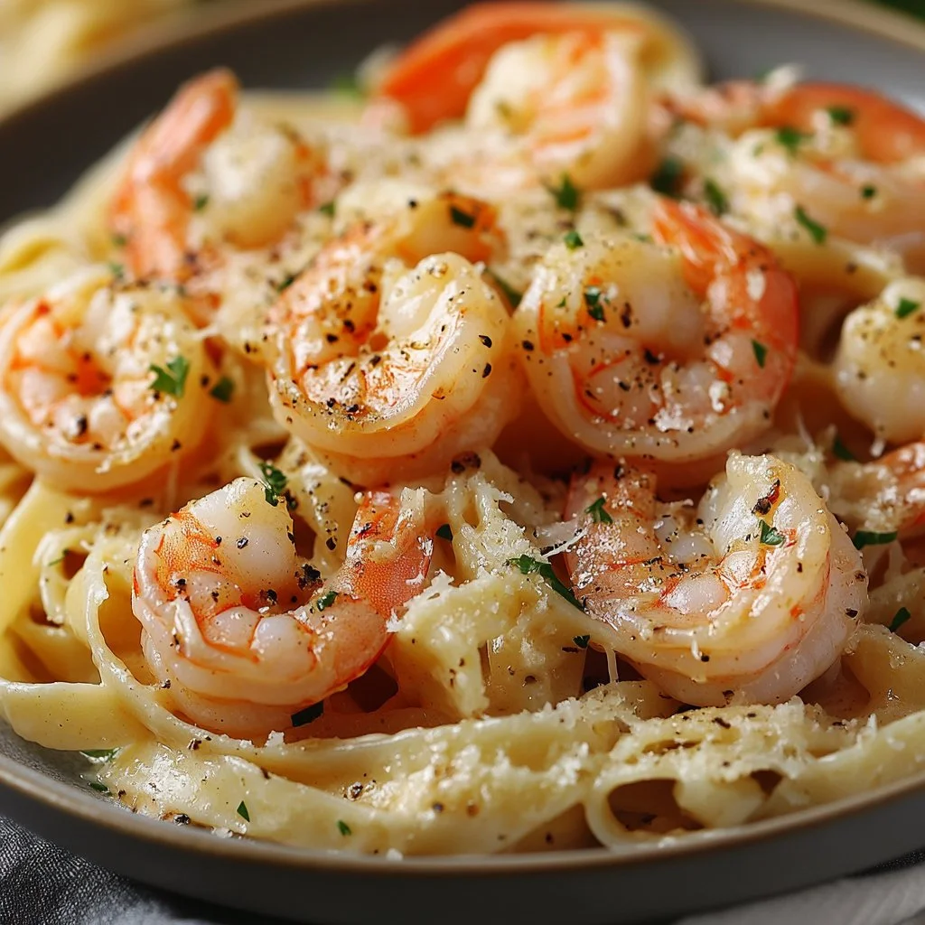 Creamy garlic shrimp pasta served in a bowl garnished with parsley