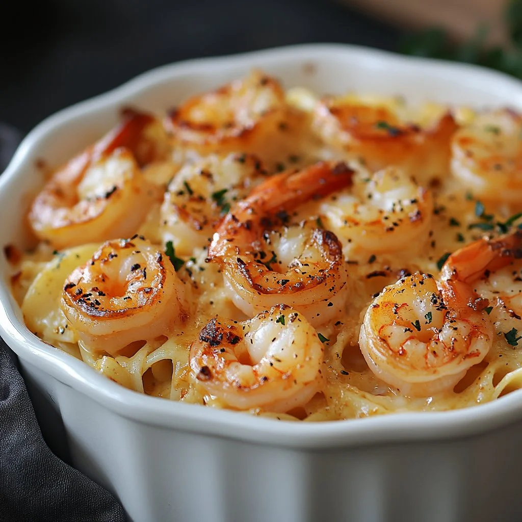 Creamy garlic shrimp pasta bake topped with herbs and cheese