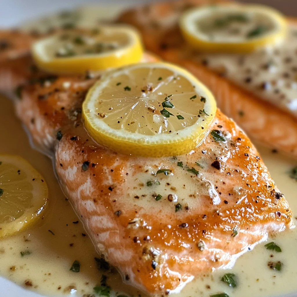 Creamy lemon garlic salmon piccata dish garnished with herbs on a plate.