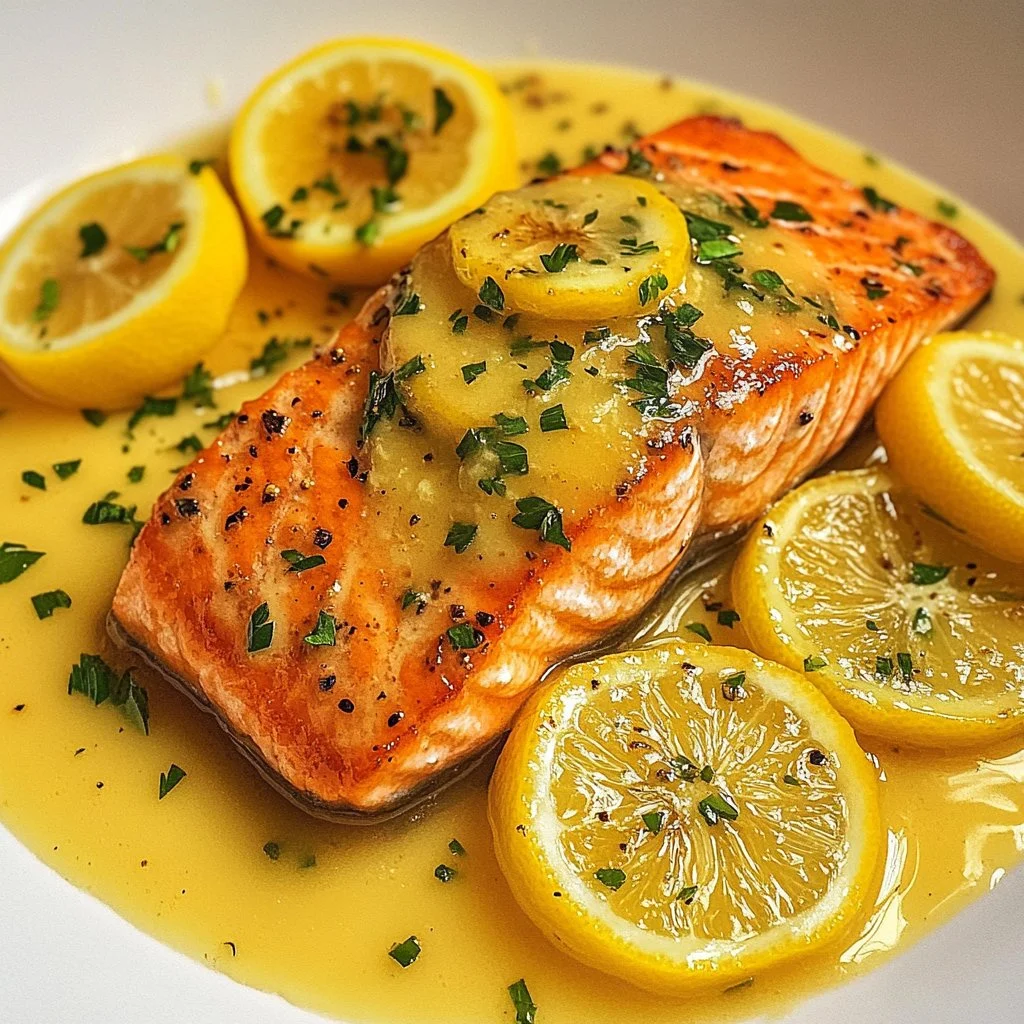 Creamy lemon garlic salmon piccata served on a plate with herbs and lemon slices.