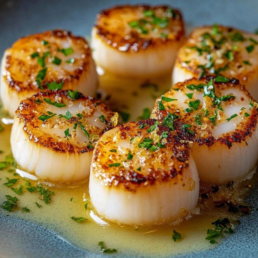 Creamy lemon garlic scallops served with fresh herbs and lemon slices