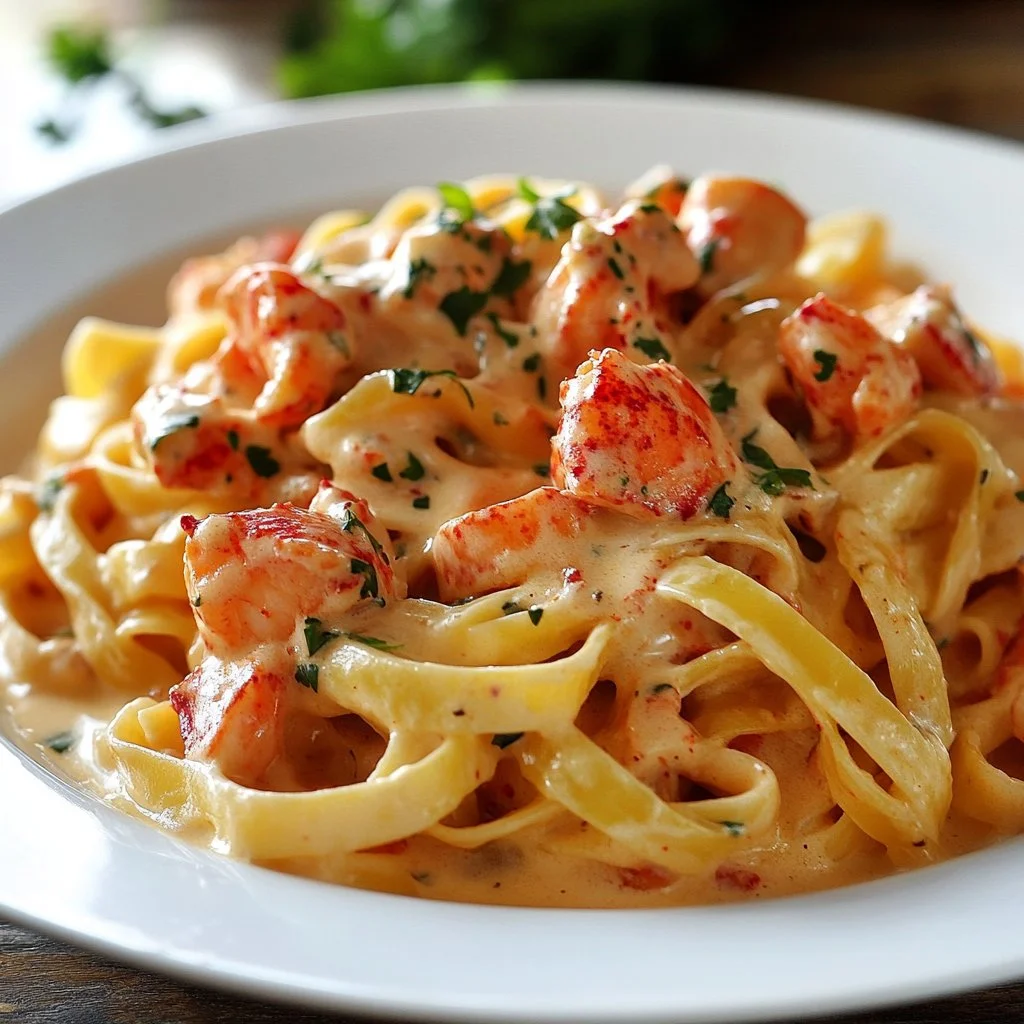 Creamy lobster pasta served in a bowl with herbs and a side of garlic bread.