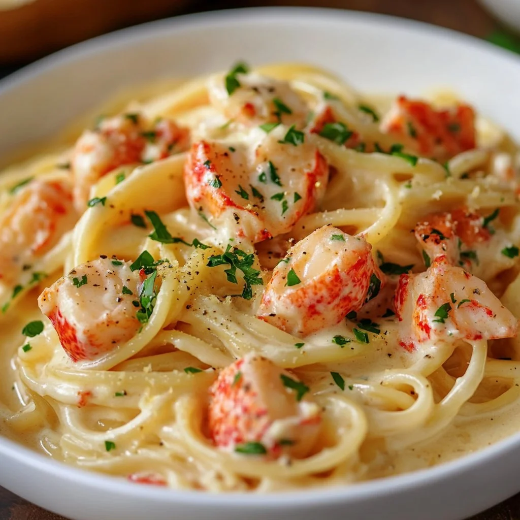 Creamy lobster pasta garnished with herbs and served in a bowl