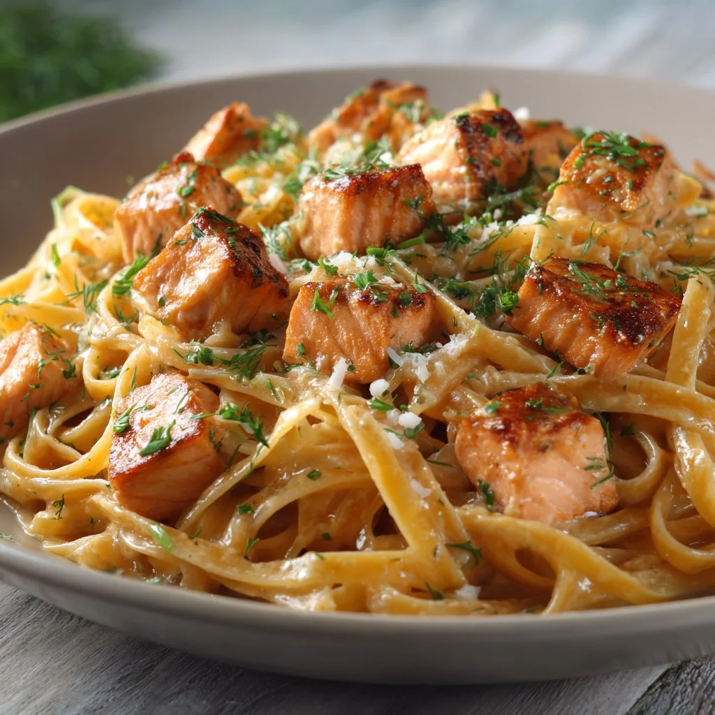 Delicious creamy salmon pasta dish served in a bowl