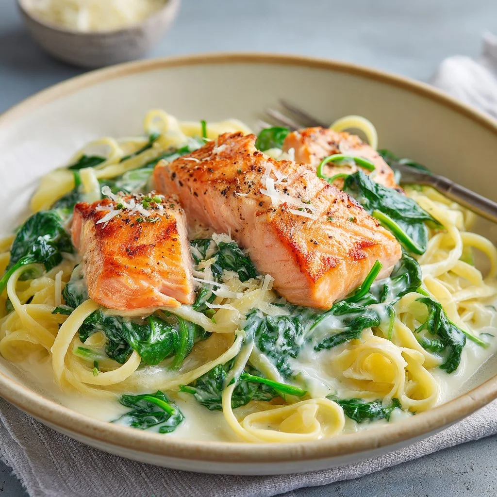 Creamy salmon spinach pasta served in a bowl with fresh herbs