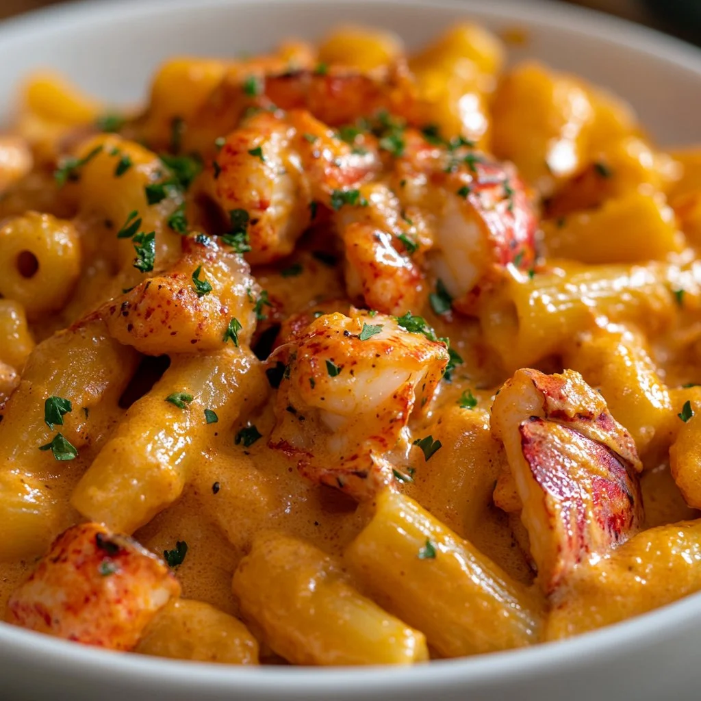 Delicious creamy spicy lobster pasta in a bowl garnished with herbs