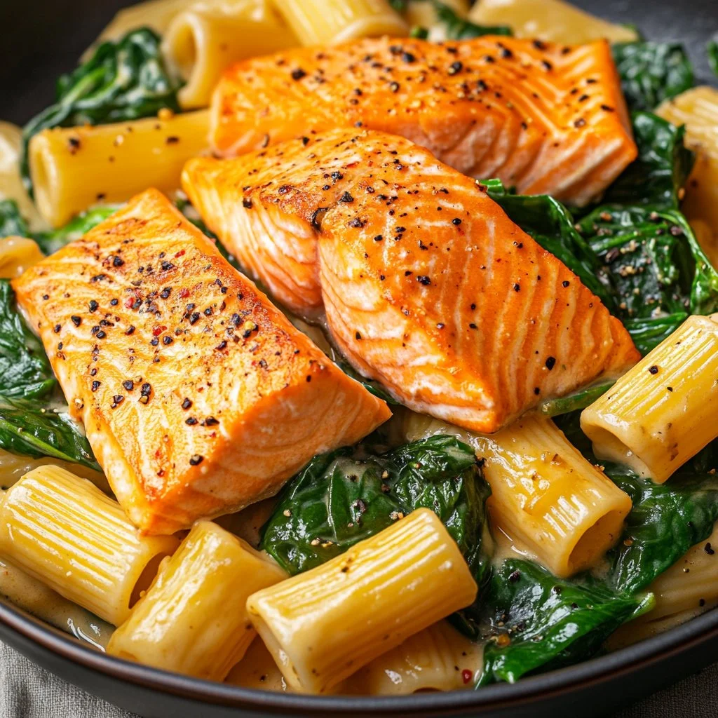 Creamy spinach salmon pasta dish garnished with herbs