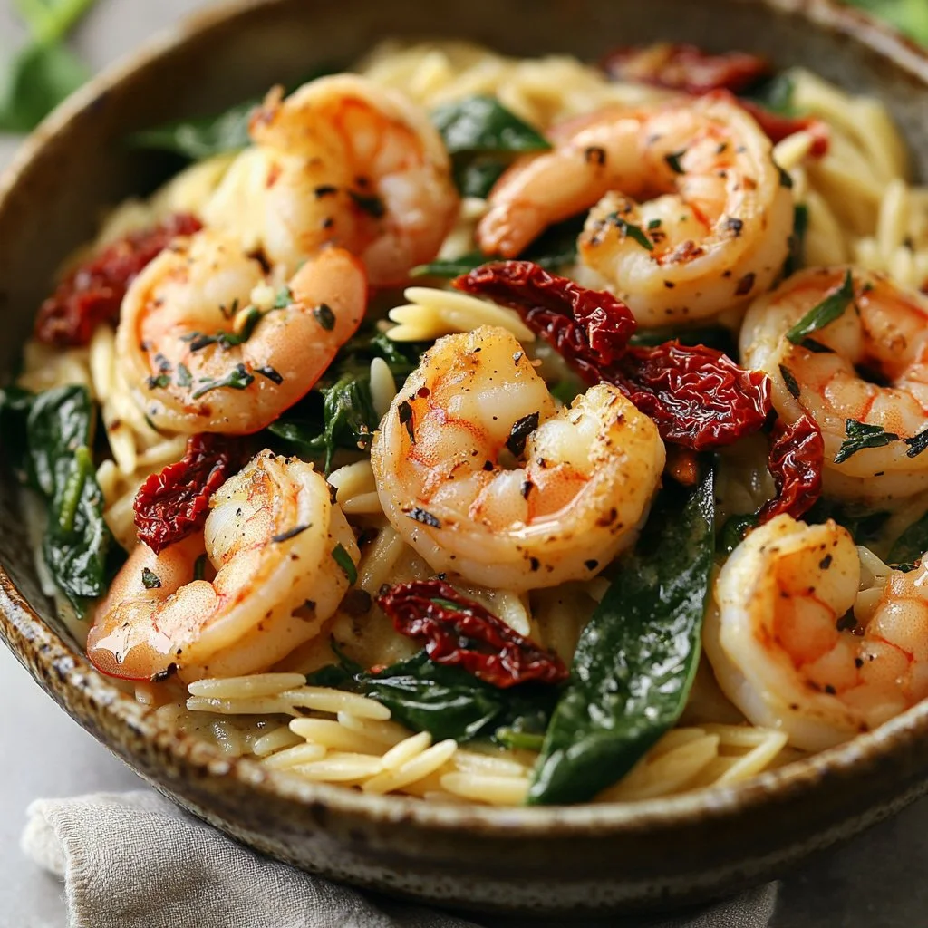 Creamy Tuscan shrimp orzo dish with vibrant colors and ingredients