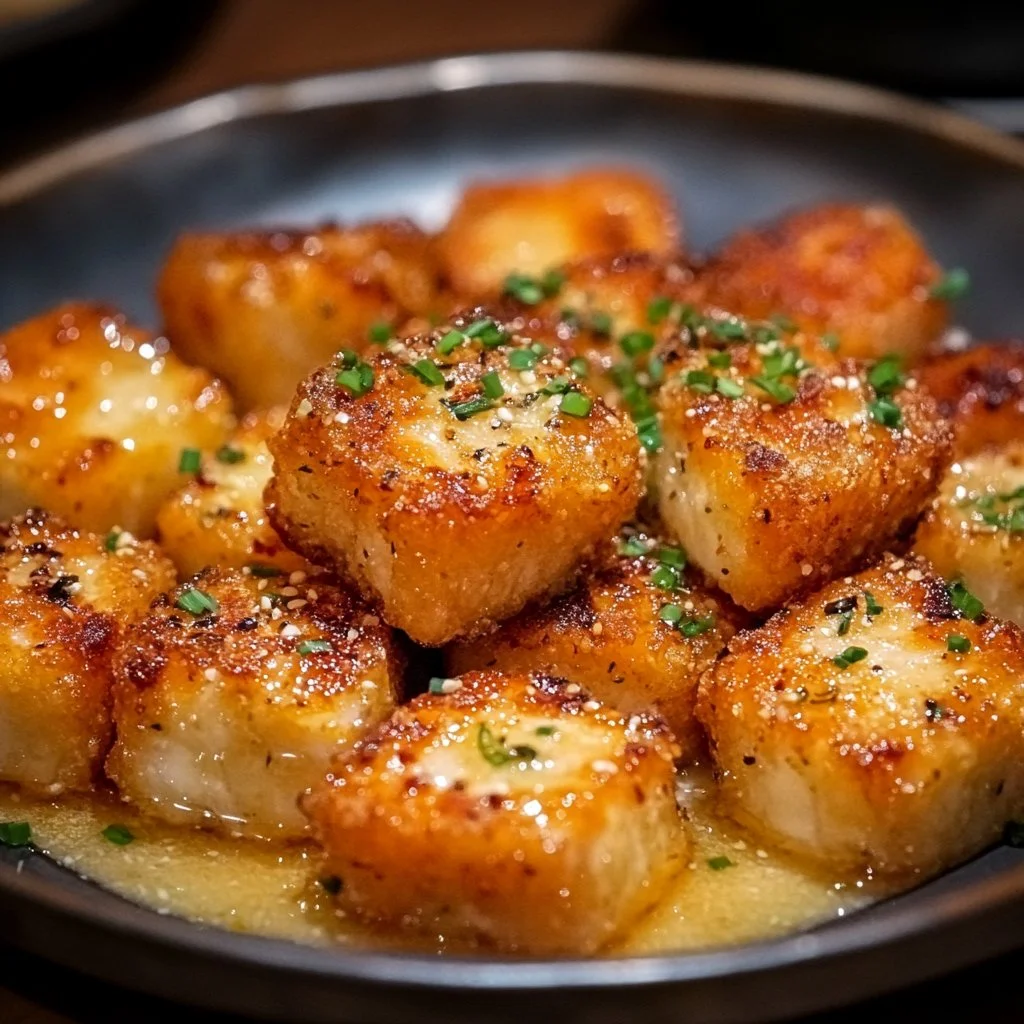 Crispy Bang Bang Salmon Bites plated on a rustic wooden table