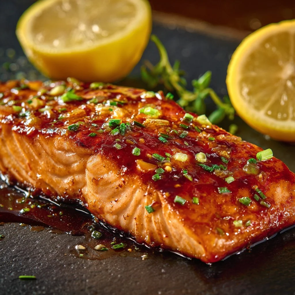 Crispy honey garlic glazed salmon fillet garnished with green onions