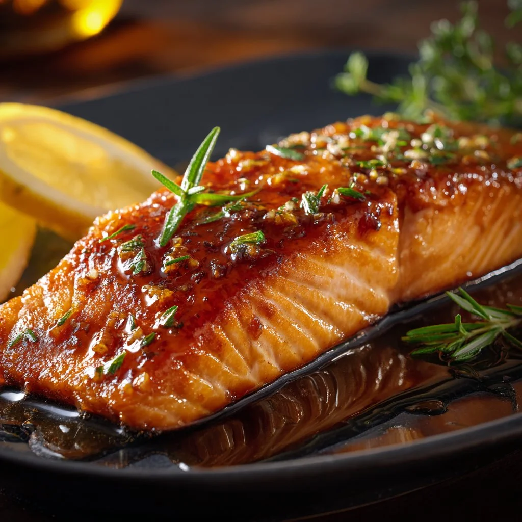 Crispy honey garlic glazed salmon garnished with herbs on a plate