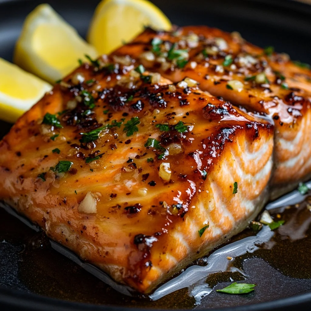 Crispy honey garlic glazed salmon with a golden brown crust on a white plate