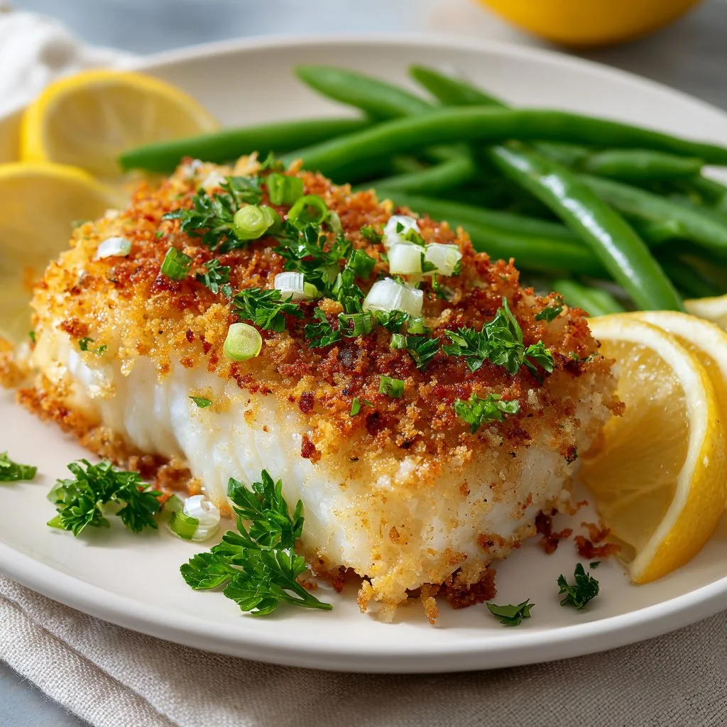 Crispy parmesan-crusted cod fillet served with lemon wedges on a plate
