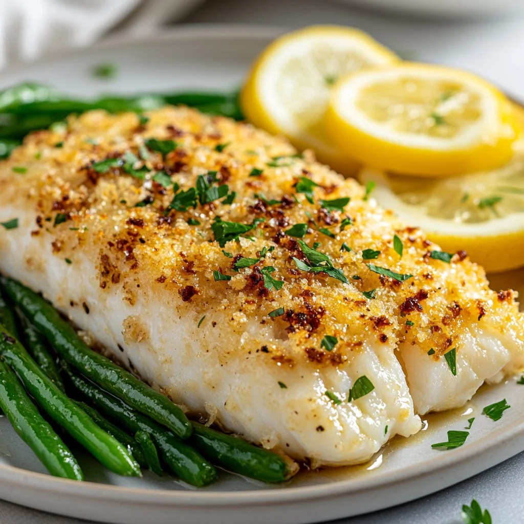 Crispy Parmesan-Crusted Cod fillet served with lemon wedges and herbs