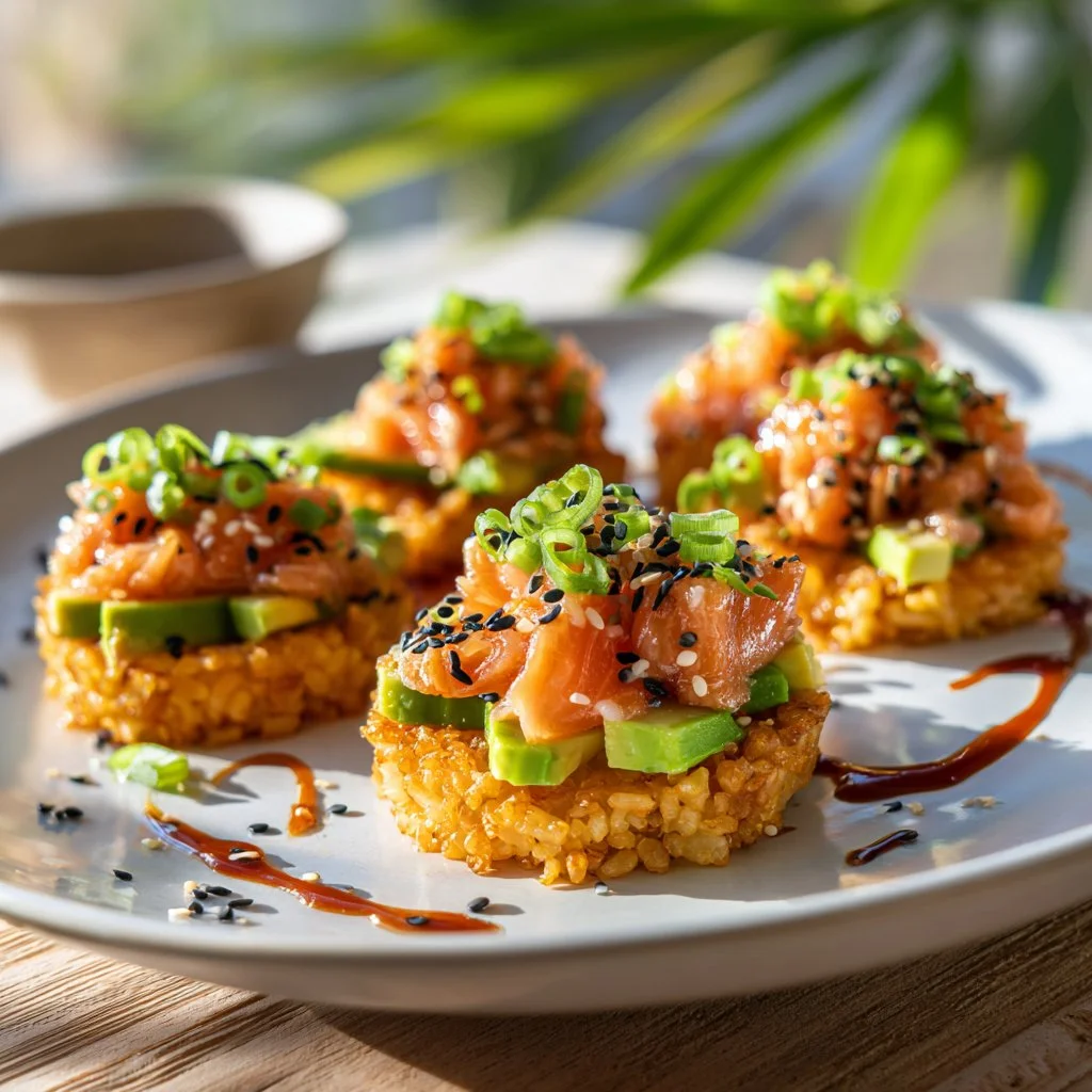 Plate of crispy rice salmon topped with fresh ingredients and garnishes
