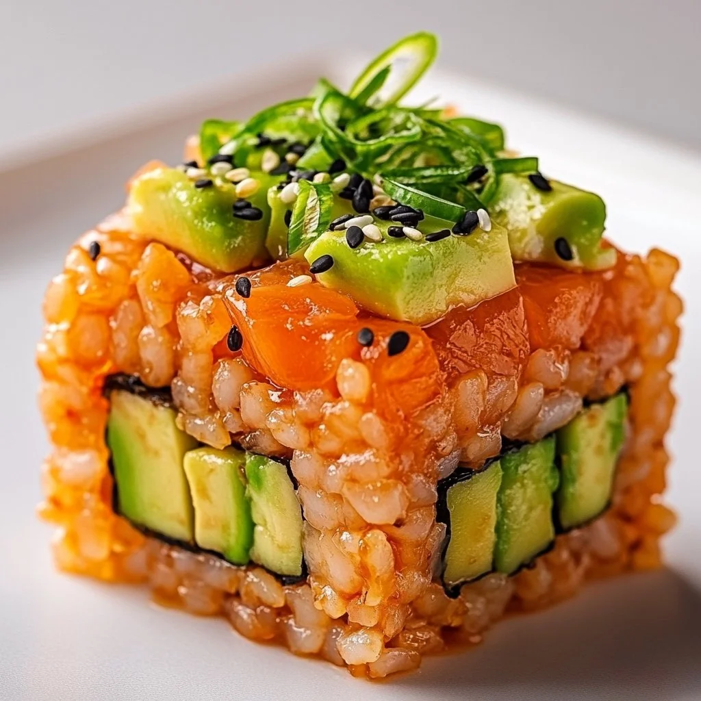 Delicious crispy rice salmon topped with fresh ingredients and served elegantly.