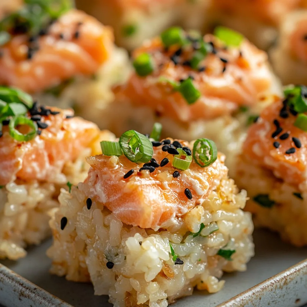 Crispy rice salmon dish garnished with fresh toppings.