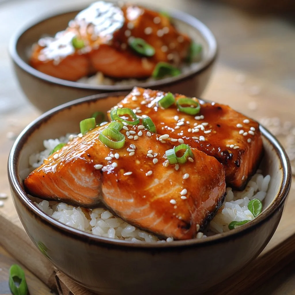 Crispy salmon rice bowl topped with fresh vegetables and sauce