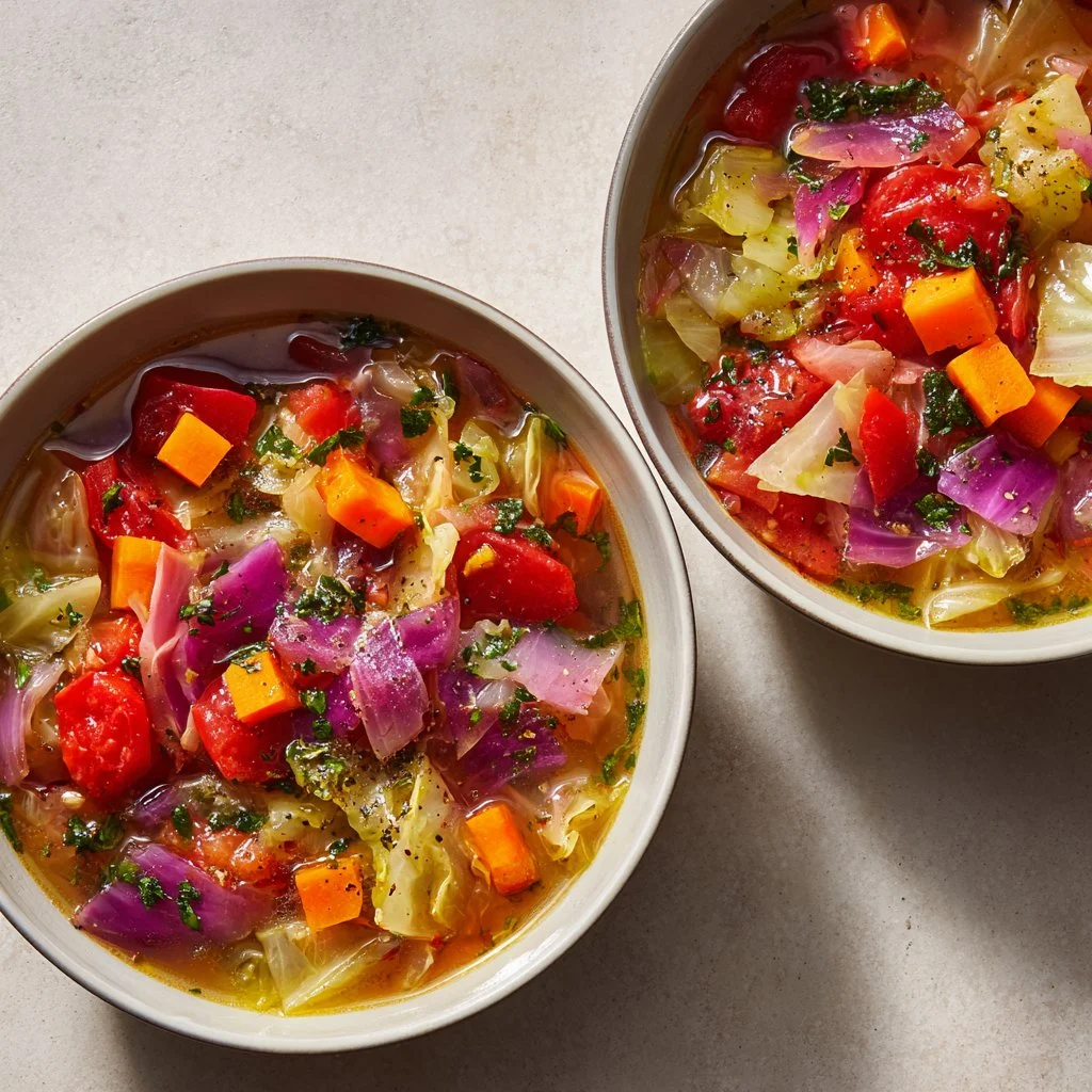 Bowl of easy cabbage soup garnished with herbs and vegetables