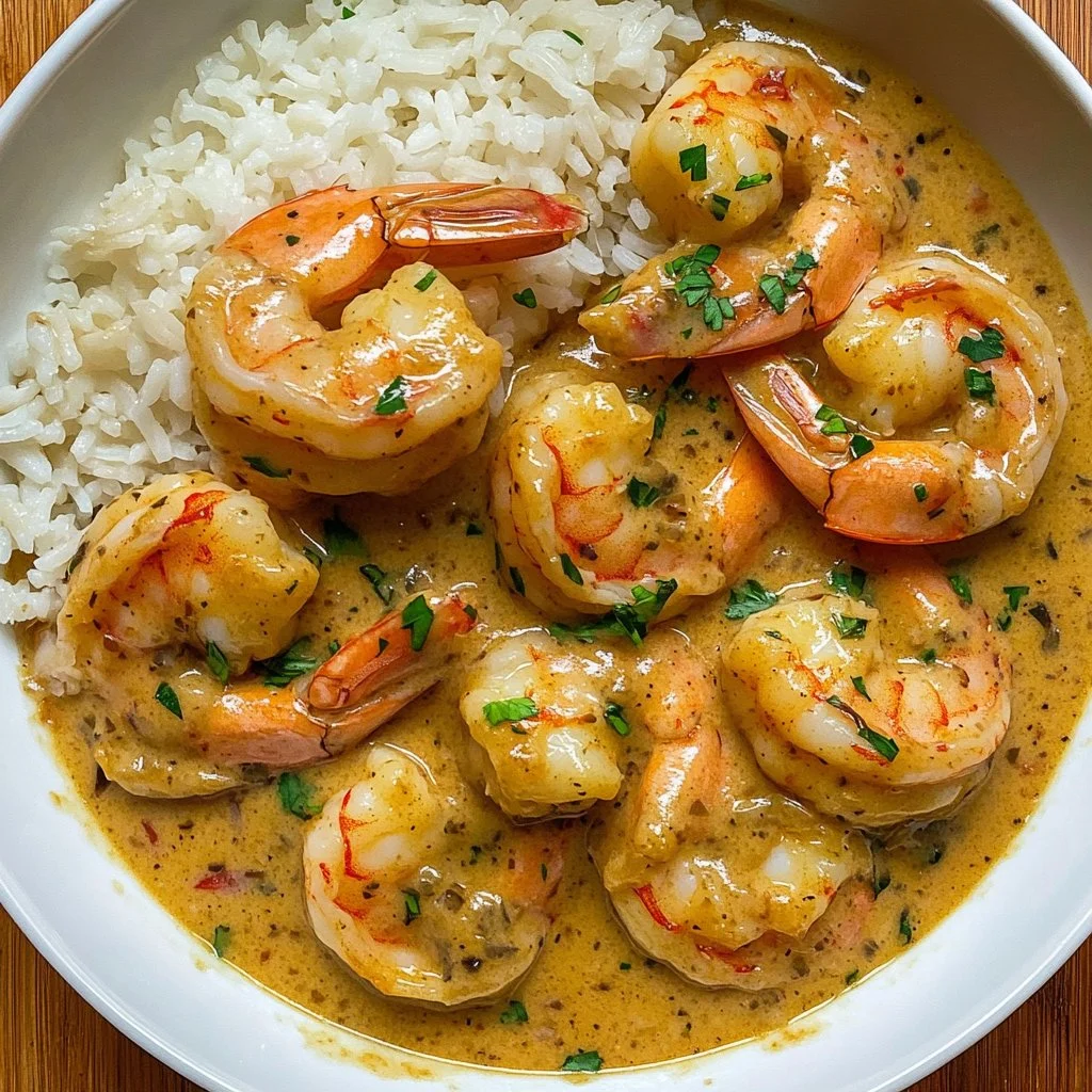 Delicious easy creamy garlic shrimp served with herbs and spices.