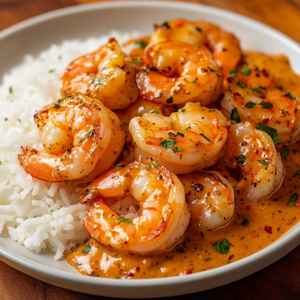 Plate of easy creamy garlic shrimp with herbs and spices