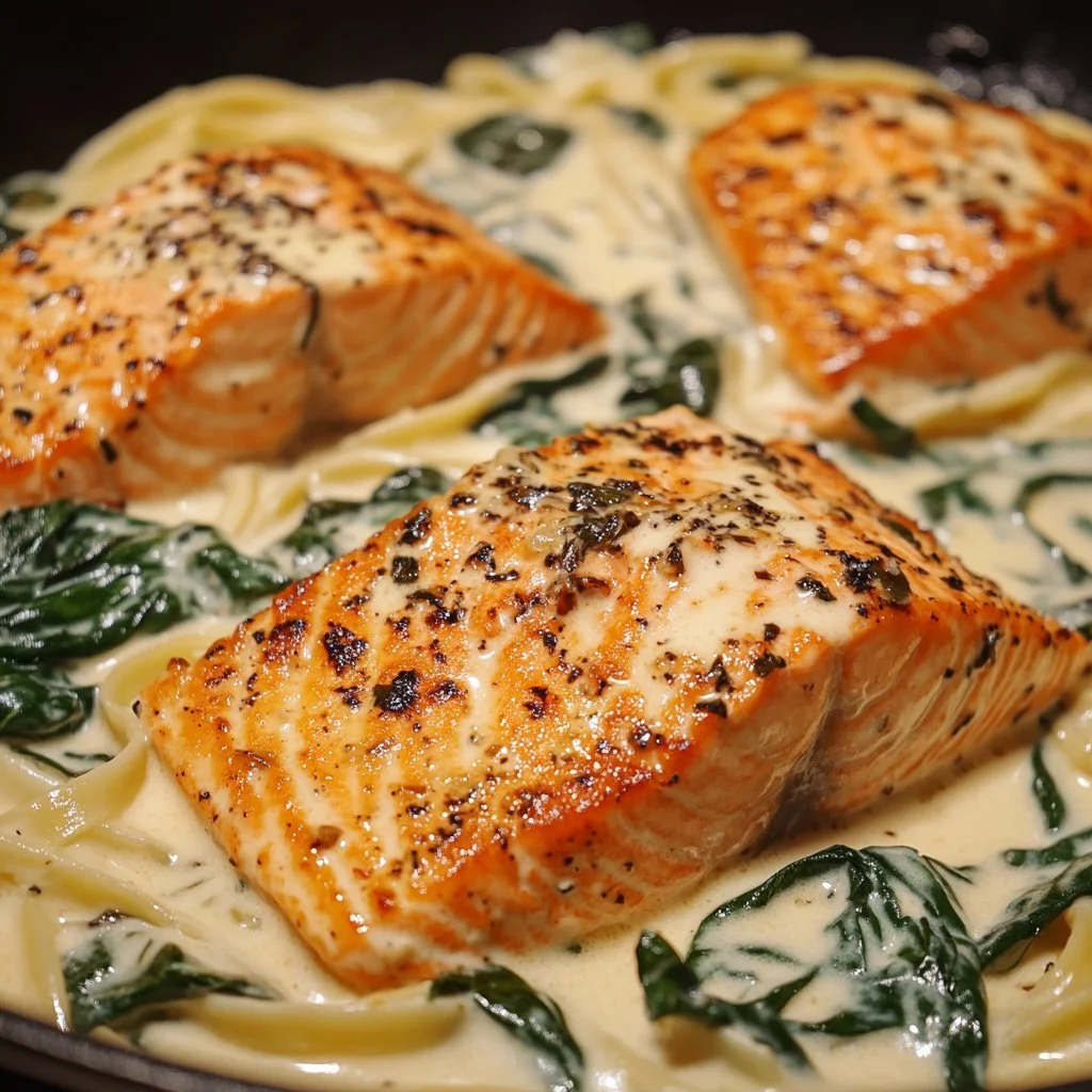 Creamy Salmon Florentine served on a plate with spinach and sauce