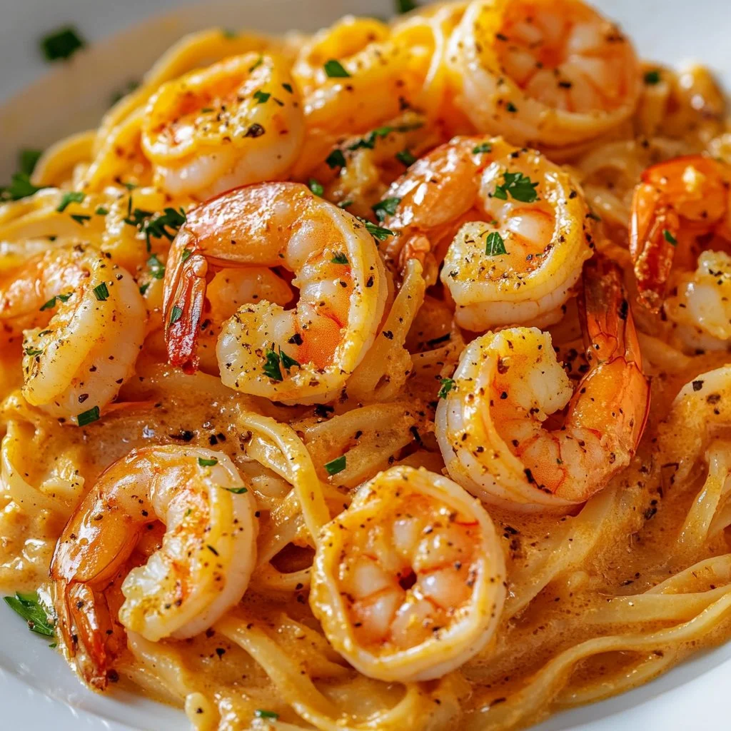 Delicious bowl of easy creamy shrimp linguine with herbs and spices.