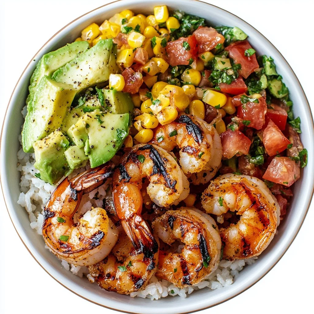 Easy grilled shrimp bowl with avocado and corn salsa on a plate