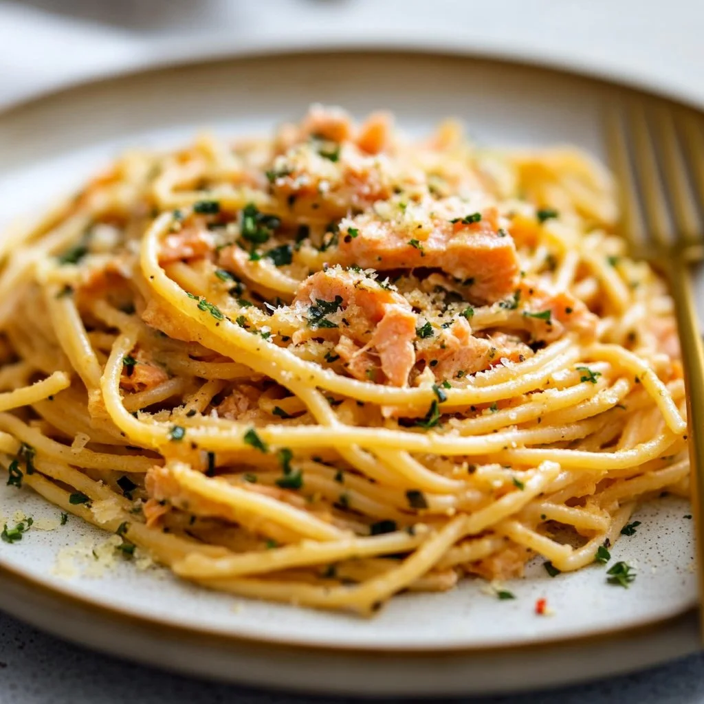 Delicious easy salmon pasta with fresh herbs and creamy sauce.