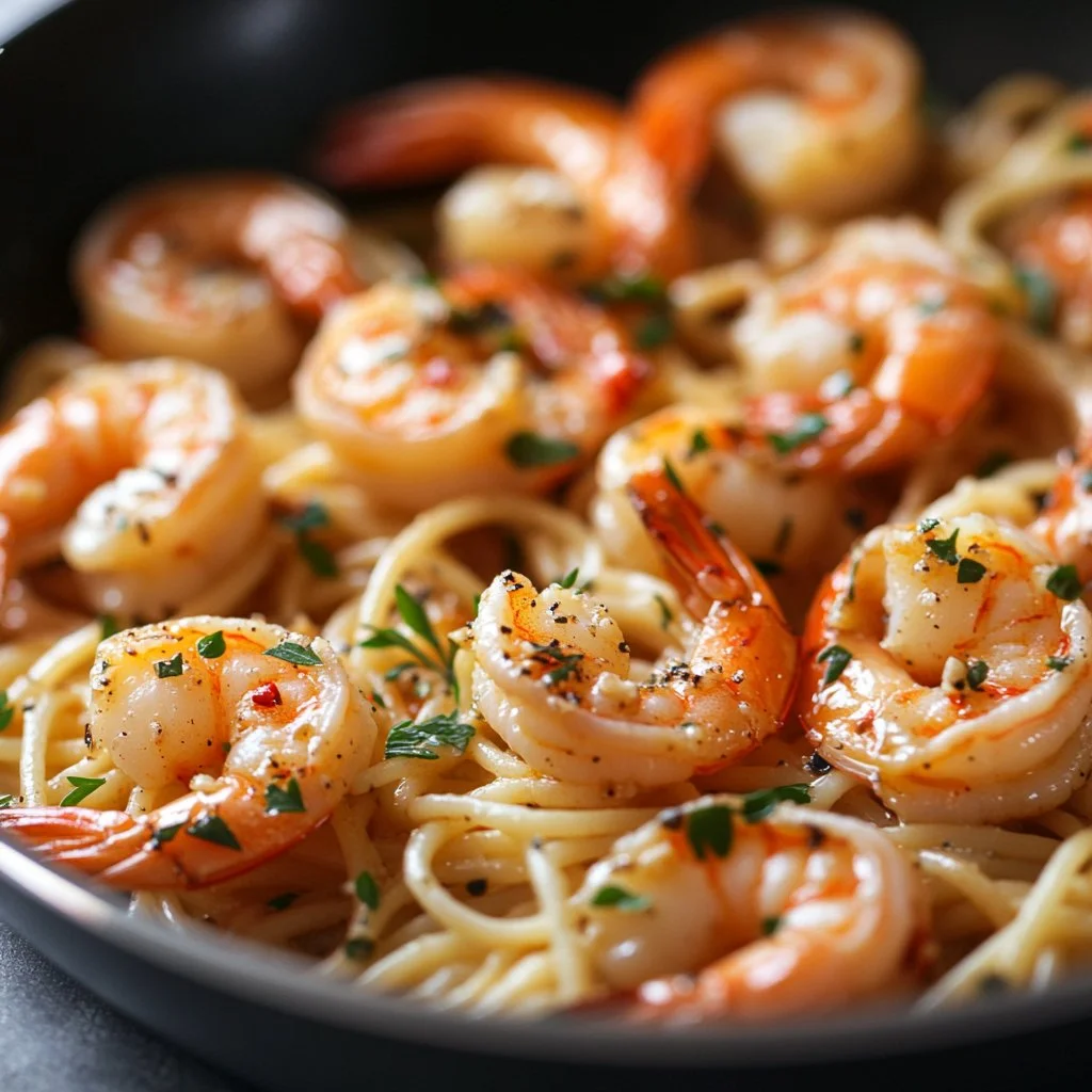 Plate of easy shrimp scampi garnished with parsley and lemon slices