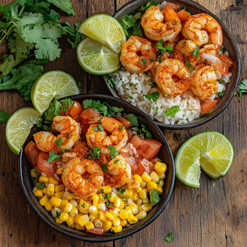 Fiesta shrimp rice bowl with colorful vegetables and spices