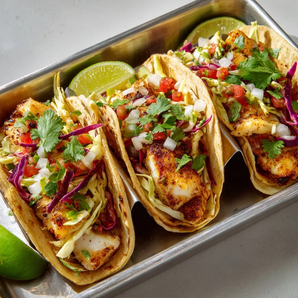 Delicious fish tacos topped with fresh ingredients and served on soft tortillas.