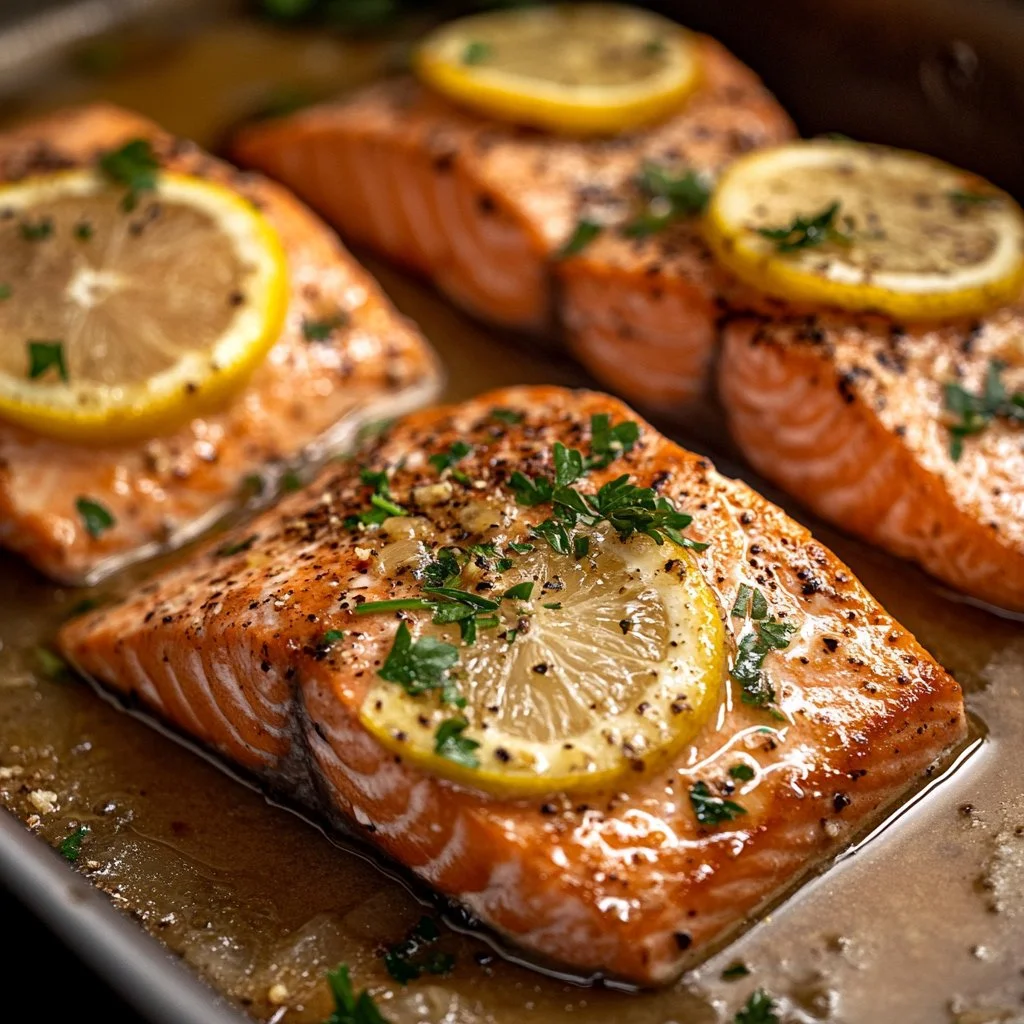 Delicious Garlic Butter Lemon Salmon served on a plate with herbs.