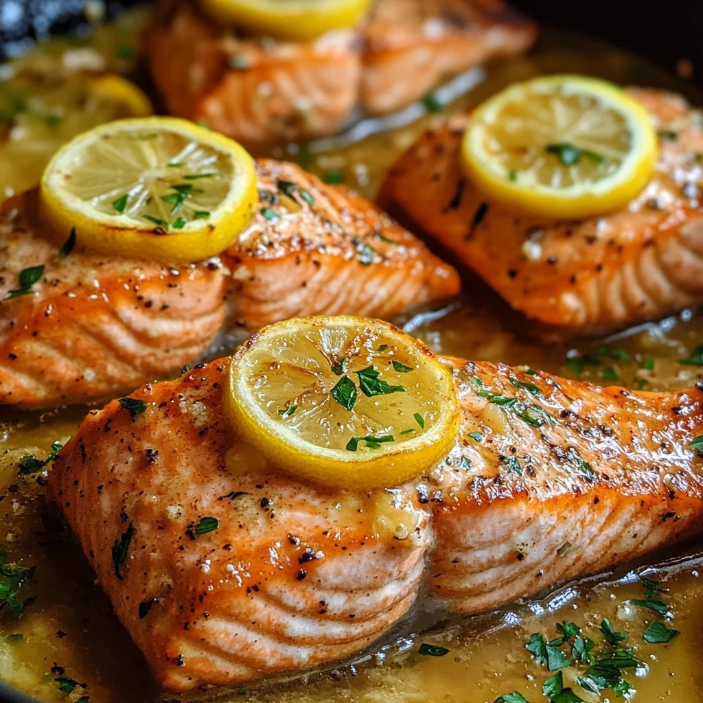 Delicious Garlic Butter Lemon Salmon on a plate ready to serve.