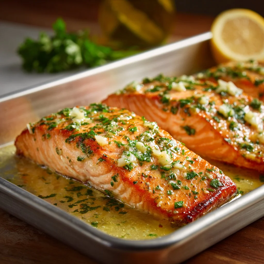 Delicious Garlic Butter Salmon fillet on a plate, garnished with herbs.
