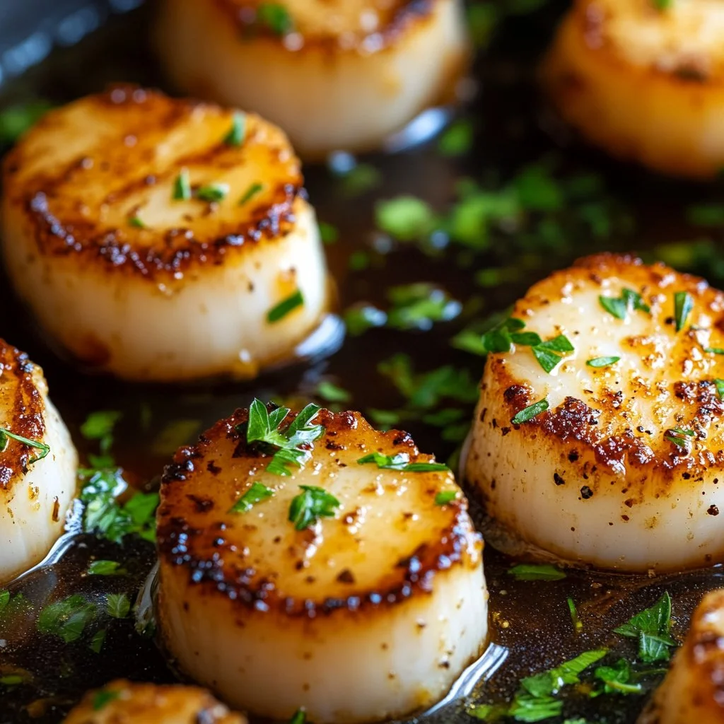 Plate of garlic butter scallops garnished with herbs and lemon