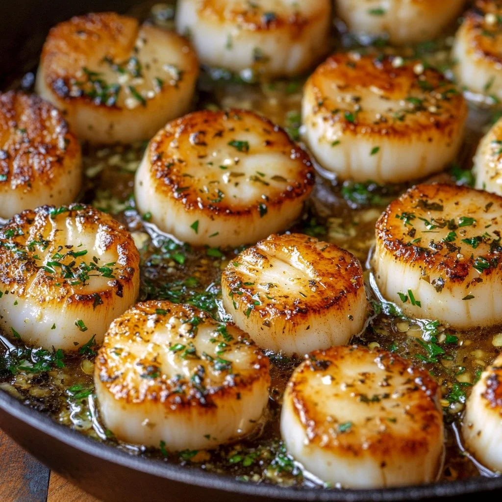 Cooked garlic butter scallops garnished with herbs on a white plate.
