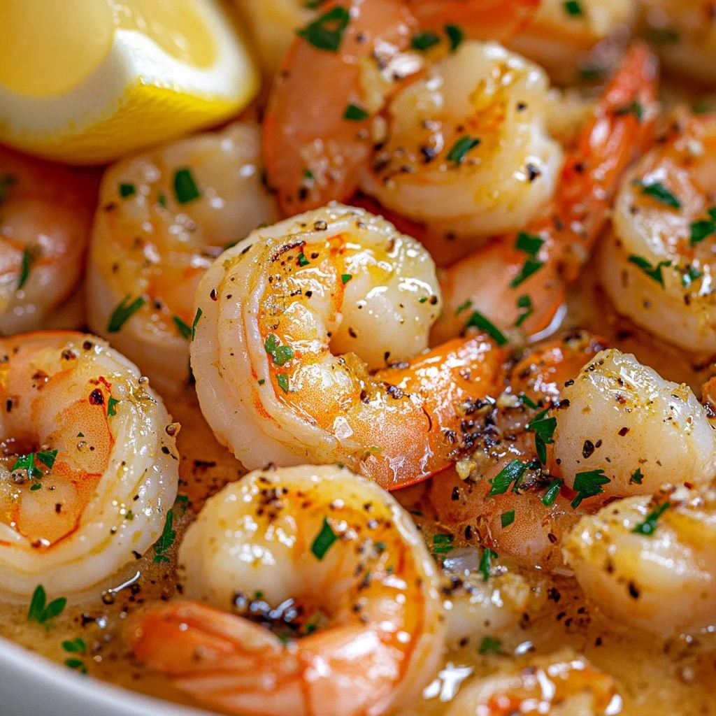 Delicious garlic butter shrimp served with herbs and lemon on a plate