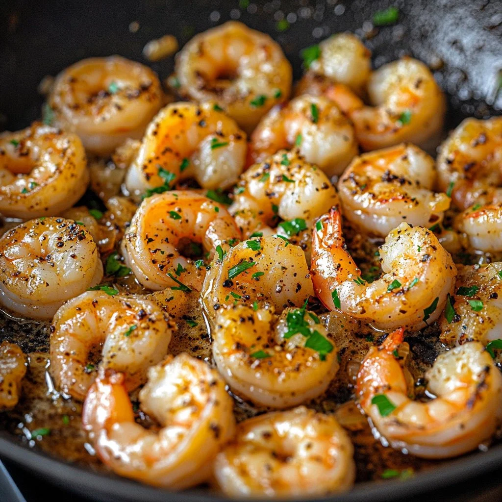 Delicious plate of Garlic Butter Shrimp with herbs and lemon