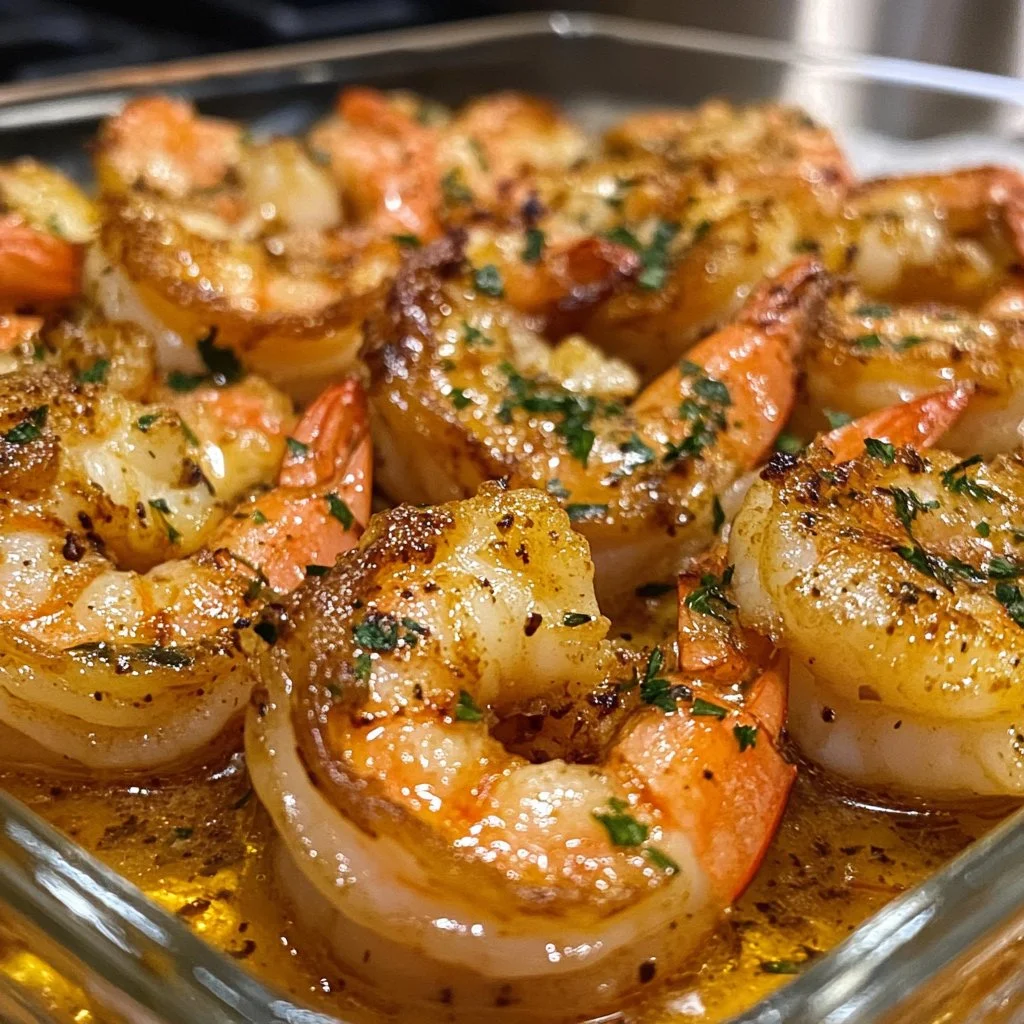 Plate of Garlic Butter Shrimp garnished with herbs and lemon slices