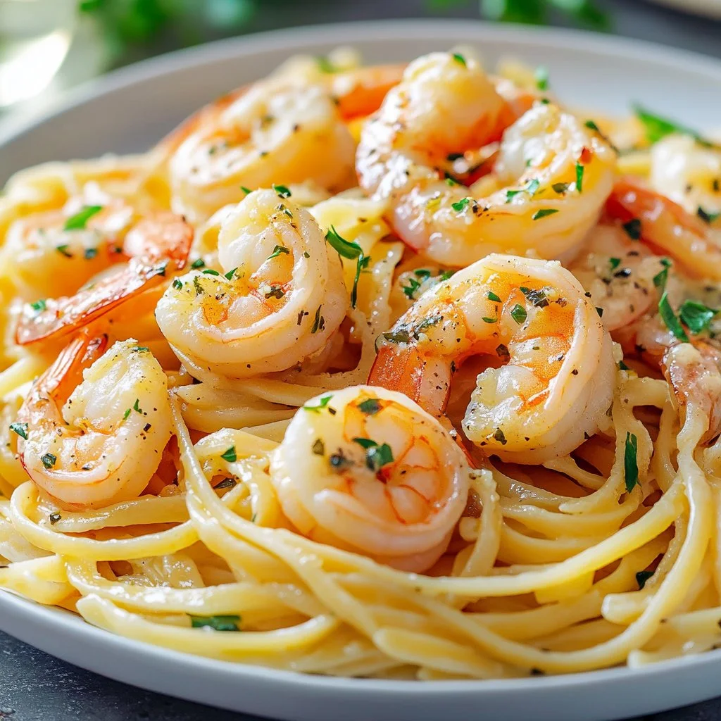 Plate of garlic butter shrimp pasta garnished with parsley and parmesan