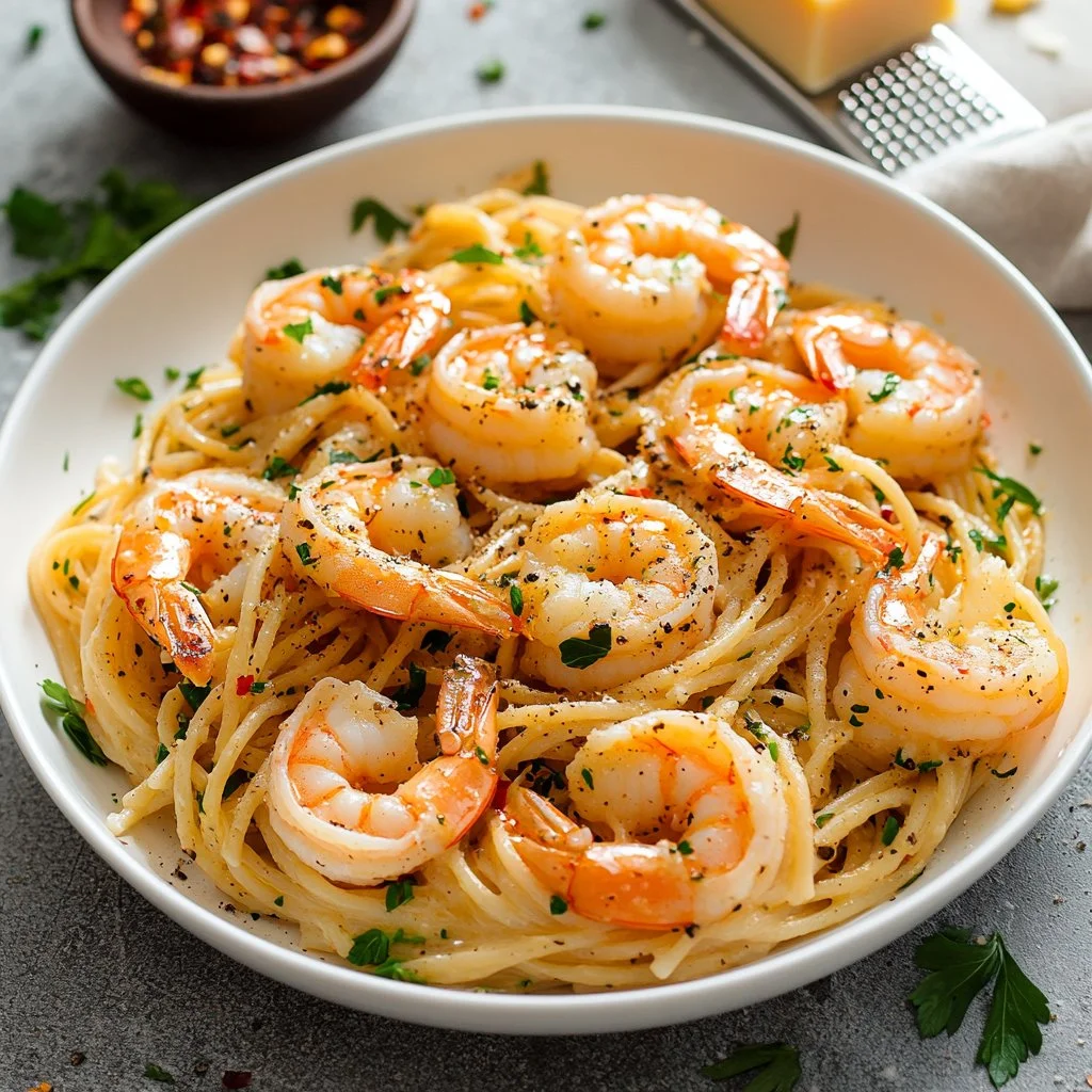 A delicious bowl of Garlic Butter Shrimp Pasta garnished with parsley.